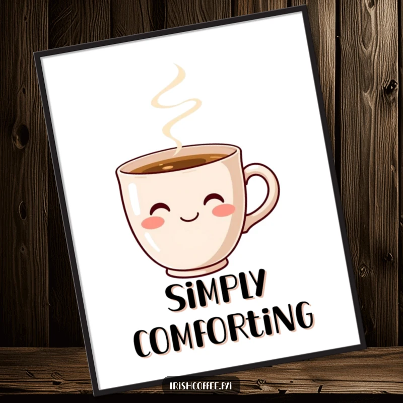 Funny Coffee Cup Smile Poster: A cute, smiling coffee cup steams warmly, bringing cozy humor to any room.