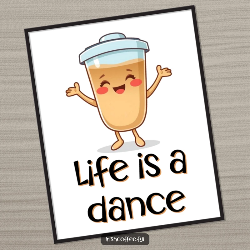 Funny coffee character poster smiling and dancing playfully, adding vibrant energy and humor to wall decor.