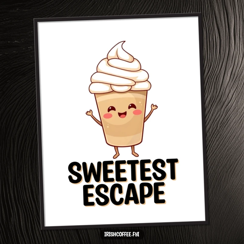 Funny Poster featuring a happy coffee cup with a whipped cream hat dancing with exuberance, bringing a lively coffee vibe to any wall.