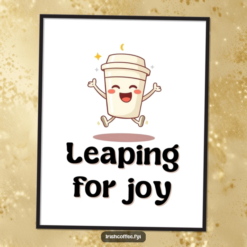 Funny coffee poster featuring a beaming character coffee cup in a joyful jump, bringing energetic and positive humor to decor.