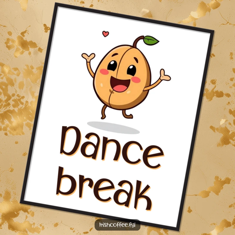 Funny Poster of a joyful coffee bean with a happy grin performing an energetic jig, bringing cheer to any room.