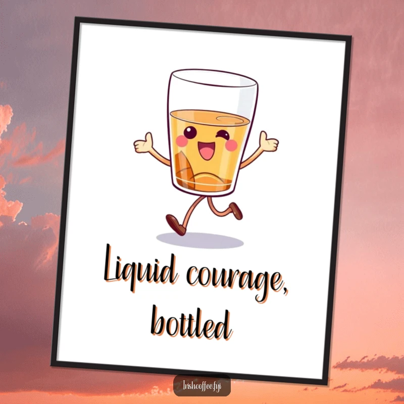Funny whiskey glass poster featuring a cartoon character mid-hop, bringing a cheerful and humorous vibe to wall decor.