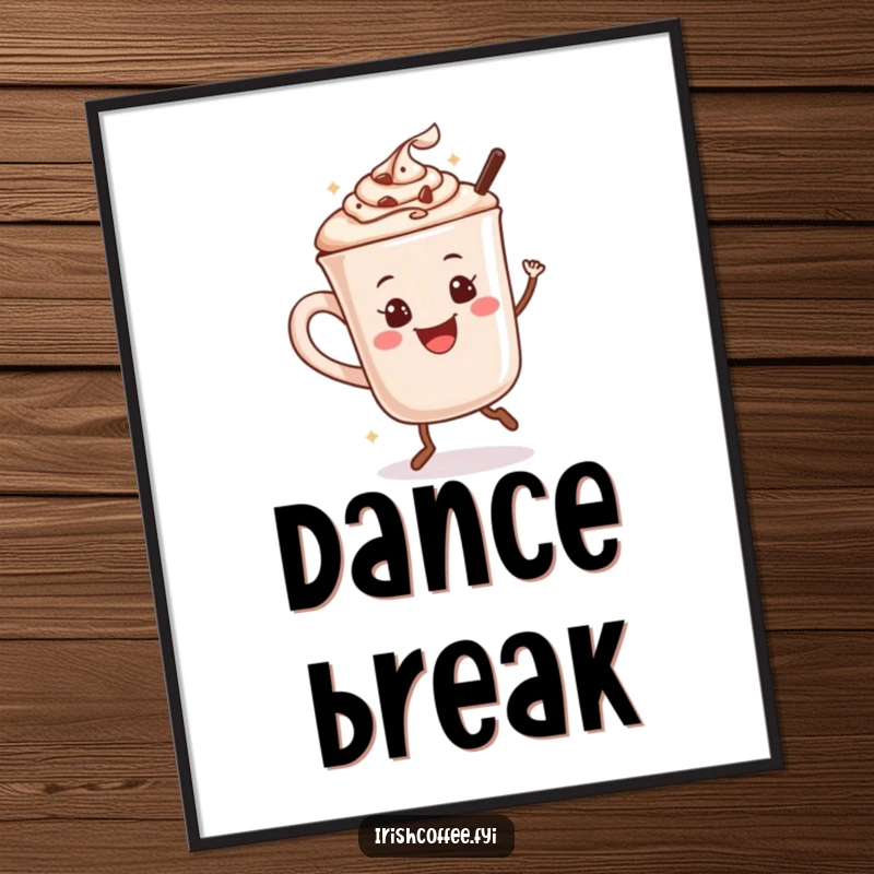 Funny poster featuring a smiling hot chocolate mug joyfully dancing, full of cheerful vibes.