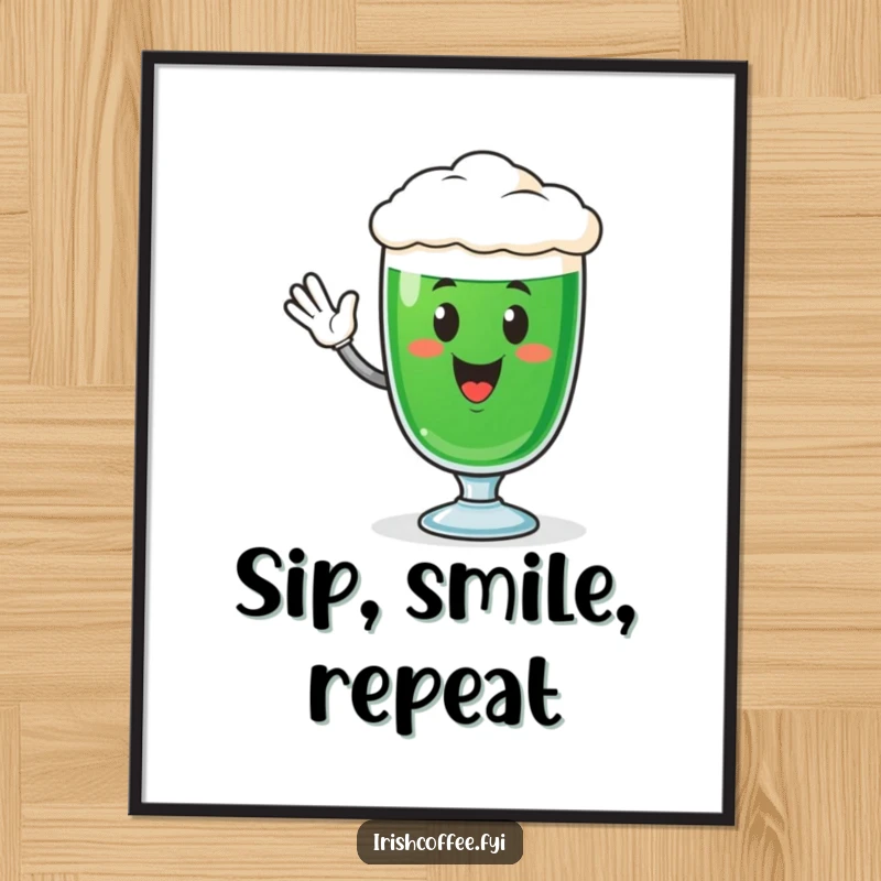 Funny poster featuring an energetic Irish coffee glass character giving a cheerful wave, adding a touch of joy to any room.