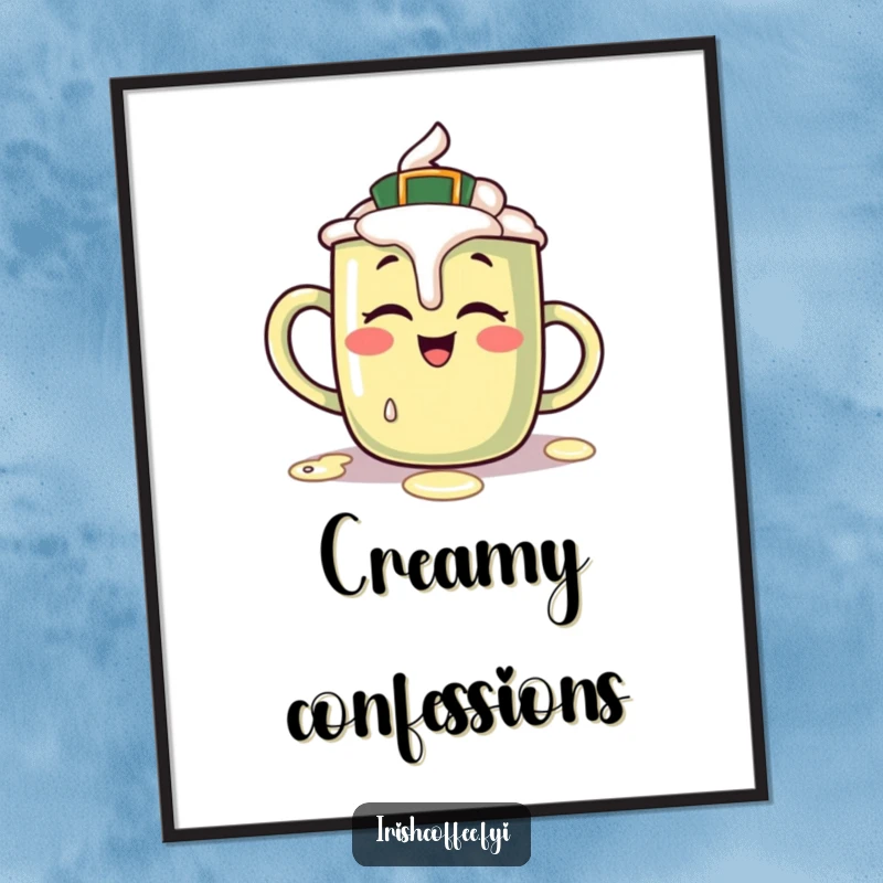 Funny poster showcasing a giggling Irish coffee mug character in the act of spilling cream, adding a playful, humorous touch.
