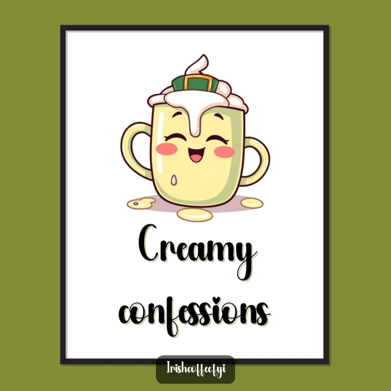 Funny Irish Coffee Mug Poster: Giggling Character Spills Cream, Whimsical Funny Gift Decor!