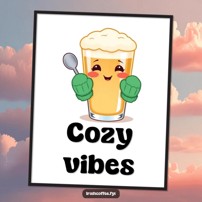 Funny poster of a cheerful Irish coffee glass wearing tiny mittens and holding a spoon, perfect for cozy decor.