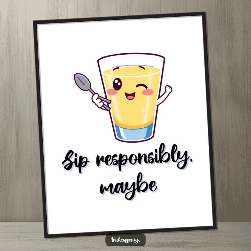 Funny poster art of a giggling shot glass character winking while holding a tiny spoon, adding hilarious vibes to decor.