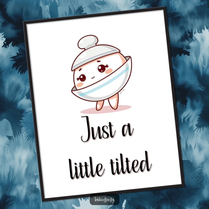 Funny saucer poster depicting a playful tableware character tipping sideways with a mischievous look, adding quirky charm.