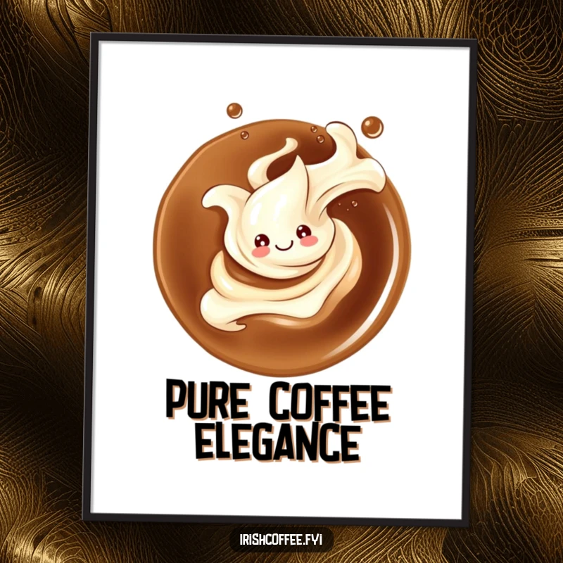 Funny poster art of a smiling cream splash gracefully twirling in coffee, adding an elegant and cheerful vibe to any space.
