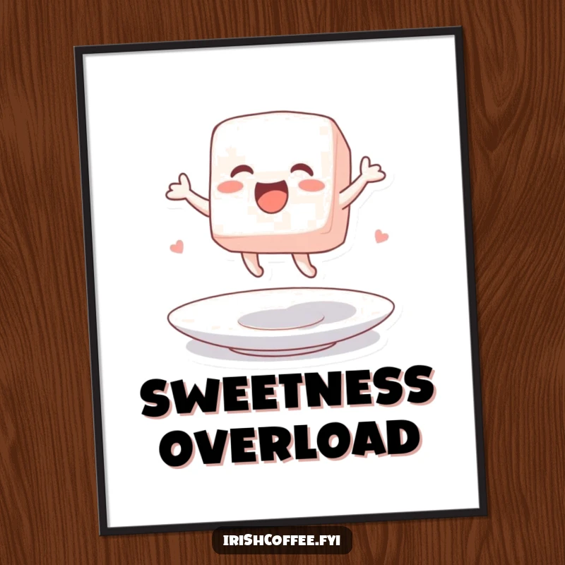 Funny poster art of a sugar cube character excitedly jumping on a saucer, a sweet and humorous decoration.
