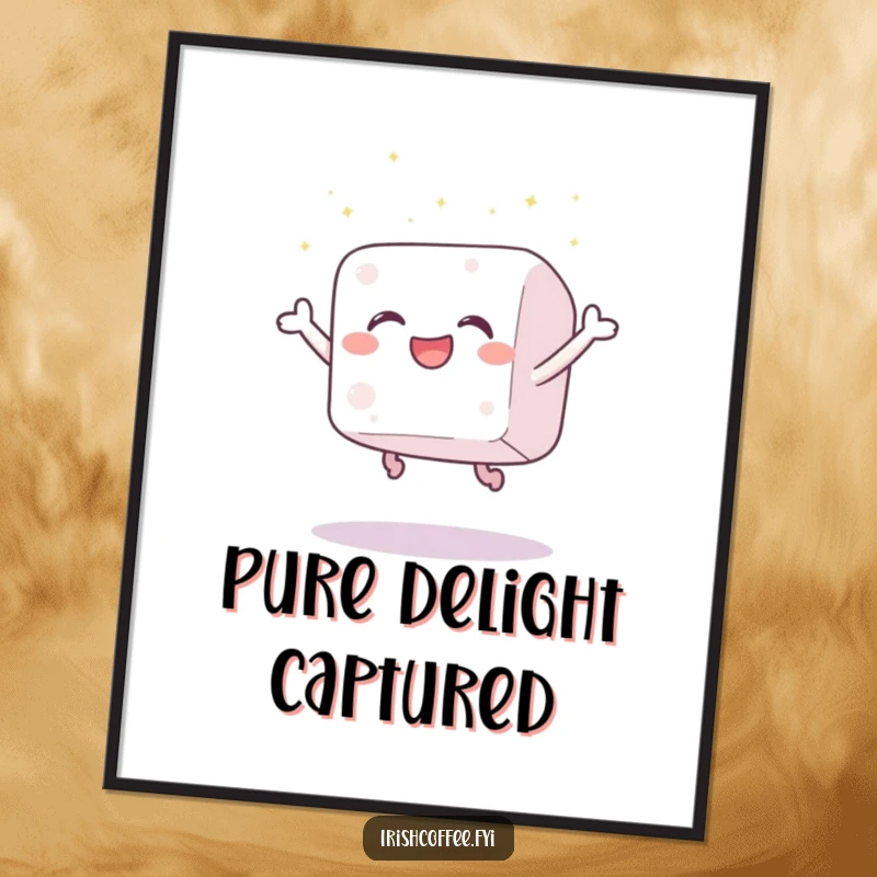 Funny poster featuring a gleeful sugar cube leaping with pure joy, scattering tiny sparkles, creating a humorous and uplifting visual.