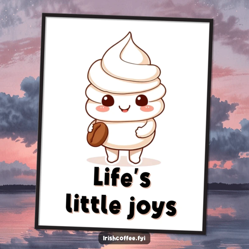 Funny smiling whipped cream character holding a coffee bean on a poster, adding sweet charm and coffee appreciation to any room.