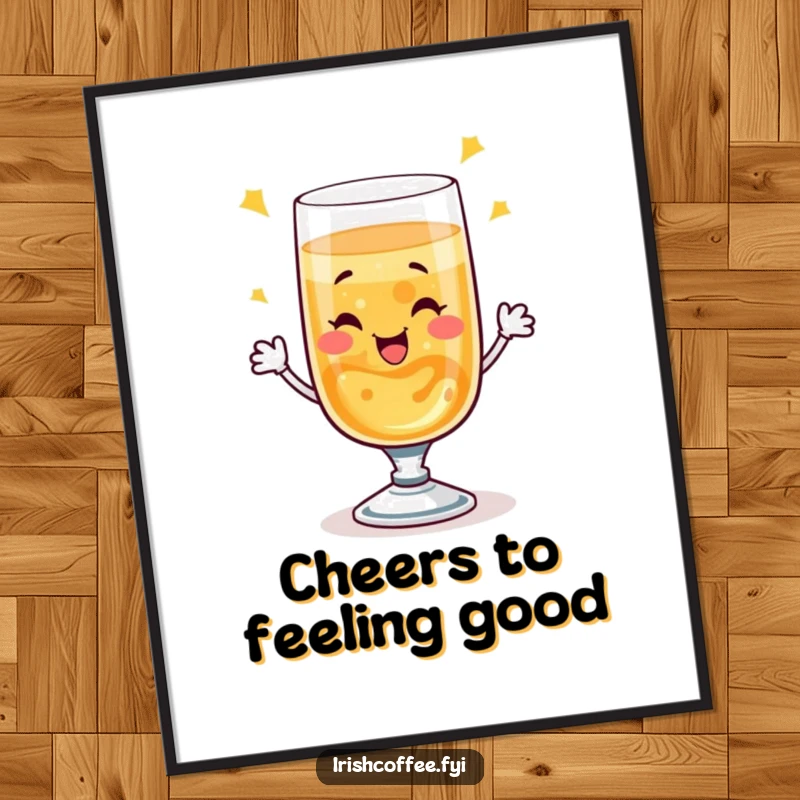 Funny whiskey toast poster featuring a happy, winking glass raising a bubbly toast, bringing vibrant humor to wall decor.
