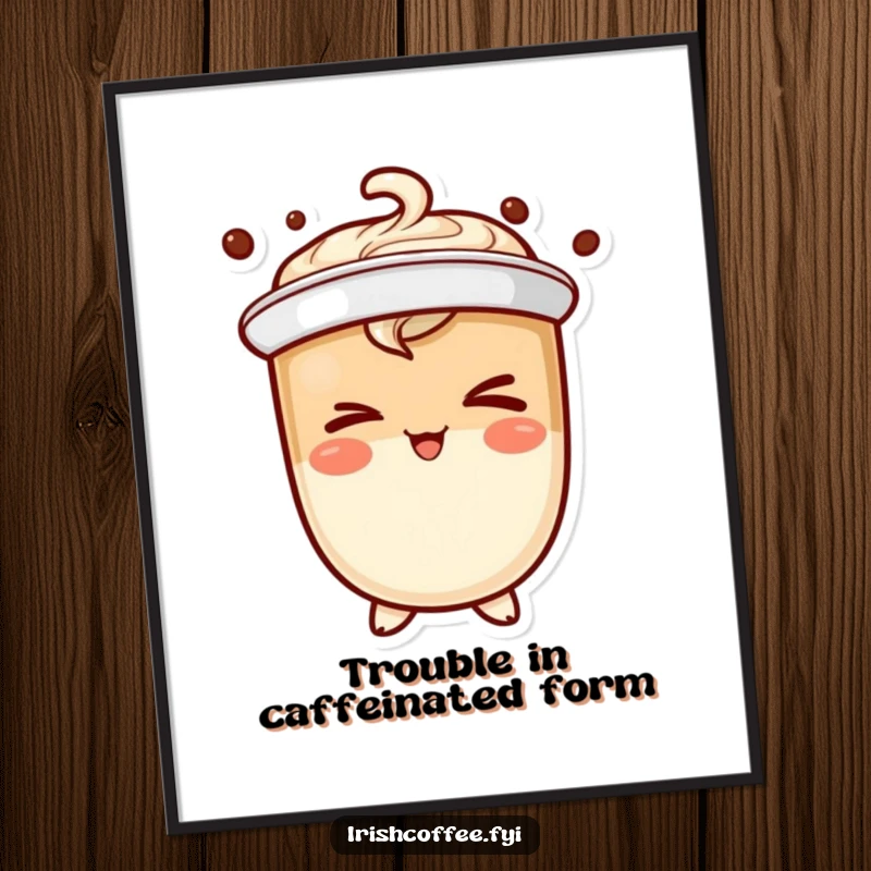 Funny coffee character poster winking mischievously, adding playful charm and humor to wall decor.