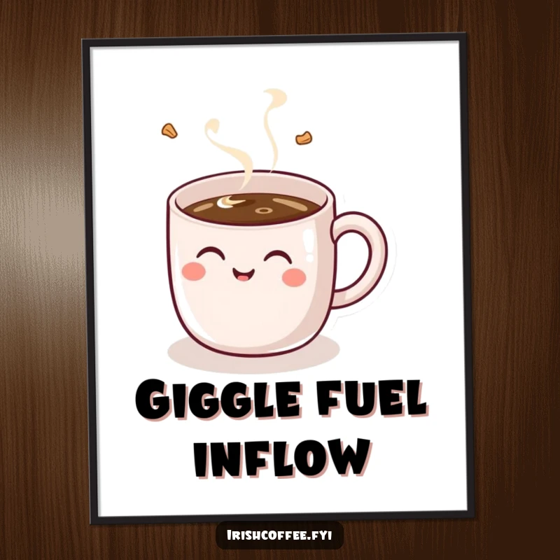 Funny poster featuring a happy coffee mug with a handle, giggling gleefully as it is filled with coffee, a humorous art print.