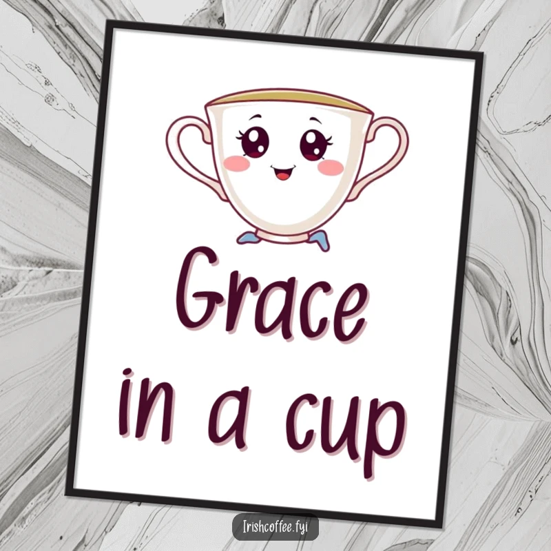 Funny poster featuring a cheerful teacup with alluring saucy eyes, gracefully performing a playful pirouette, adding a touch of humorous elegance.