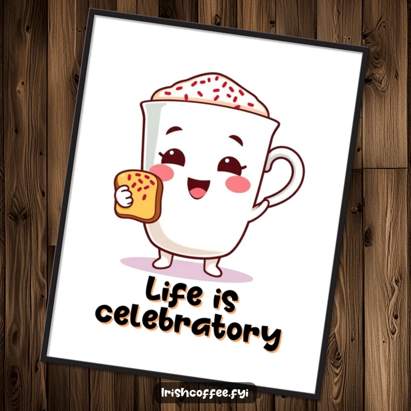 Funny coffee character poster cheerfully offering a toast with sprinkles, adding vibrant cheer and humor to wall decor.