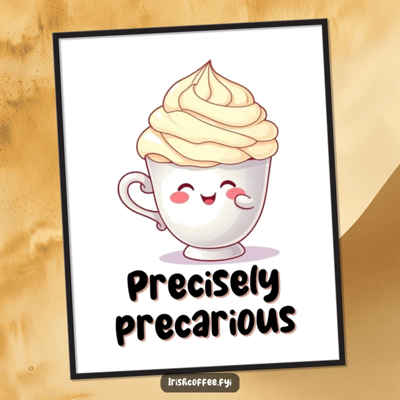 Funny cup character poster comically balancing a cream swirl, ideal for adding humorous and relatable wall art, excellent funny gift.