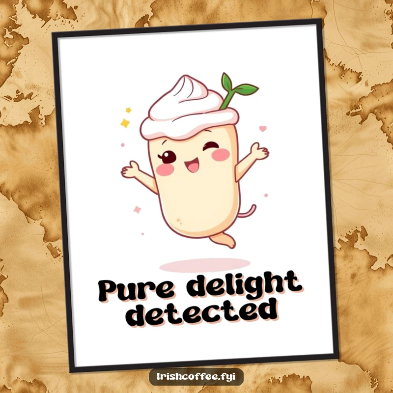 Funny cream liqueur poster depicting a spirited character dancing with uninhibited delight, full of celebratory energy.