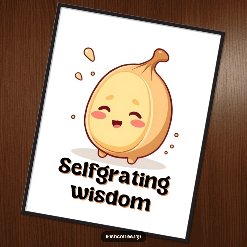Funny poster of a winking nutmeg character grating itself, adding witty humor and spice to wall decor.
