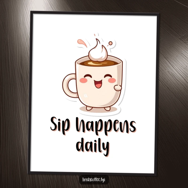 Funny cheerful coffee mug character delightedly sipping coffee, displayed as vibrant wall art poster.