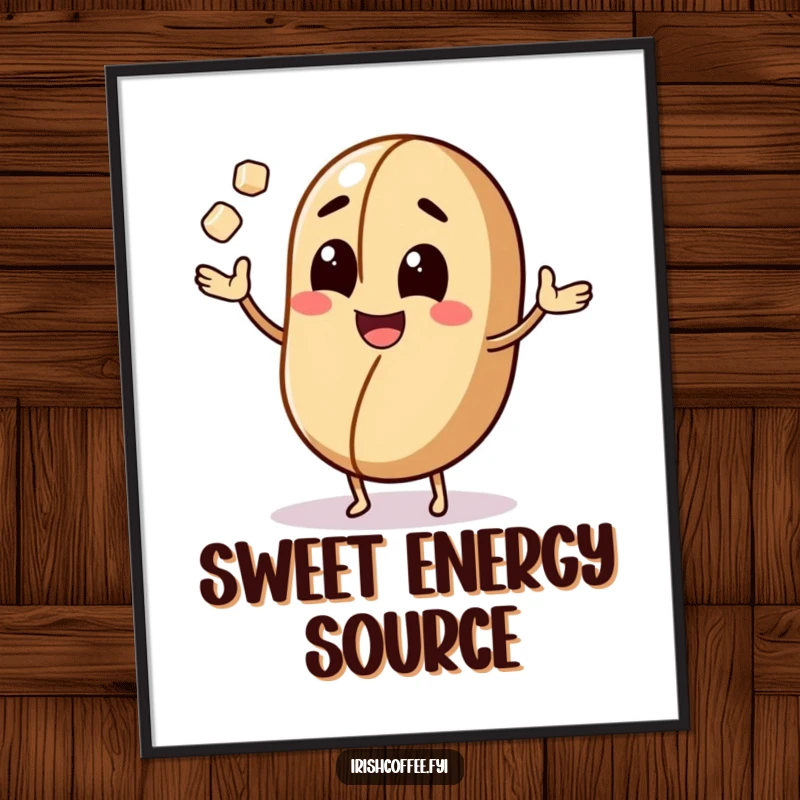 Funny poster of a smiling coffee bean juggling sugar cubes, bringing energetic and cheerful humor to wall decor.