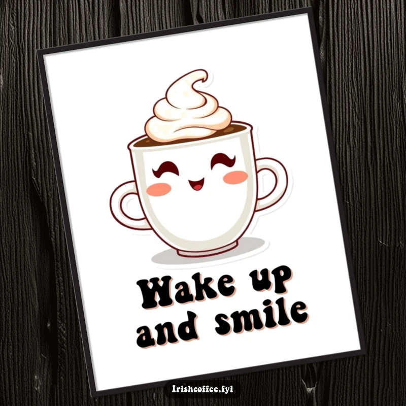 Funny poster displaying a steaming coffee cup character winking with cream, an uplifting piece of beverage-themed art.
