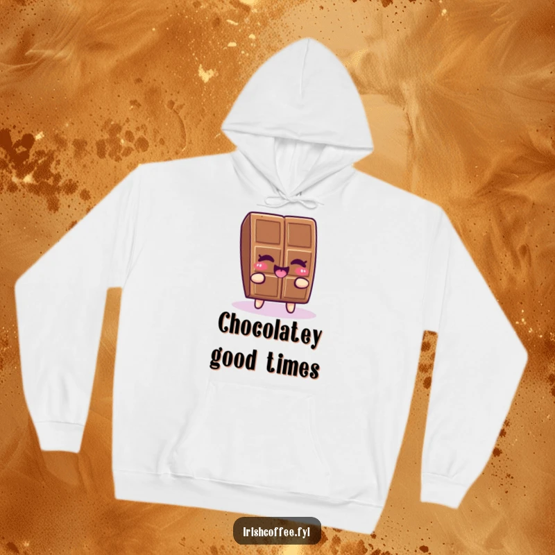 Funny chocolate piece winking and wiggling with joy on a cozy hoodie, offering warm and humorous comfort.