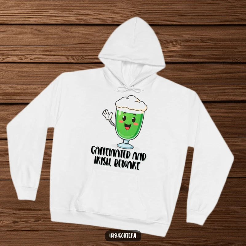 Funny hoodie showcasing a cute Irish coffee glass character performing a happy wave, perfect for comfort and a playful vibe.