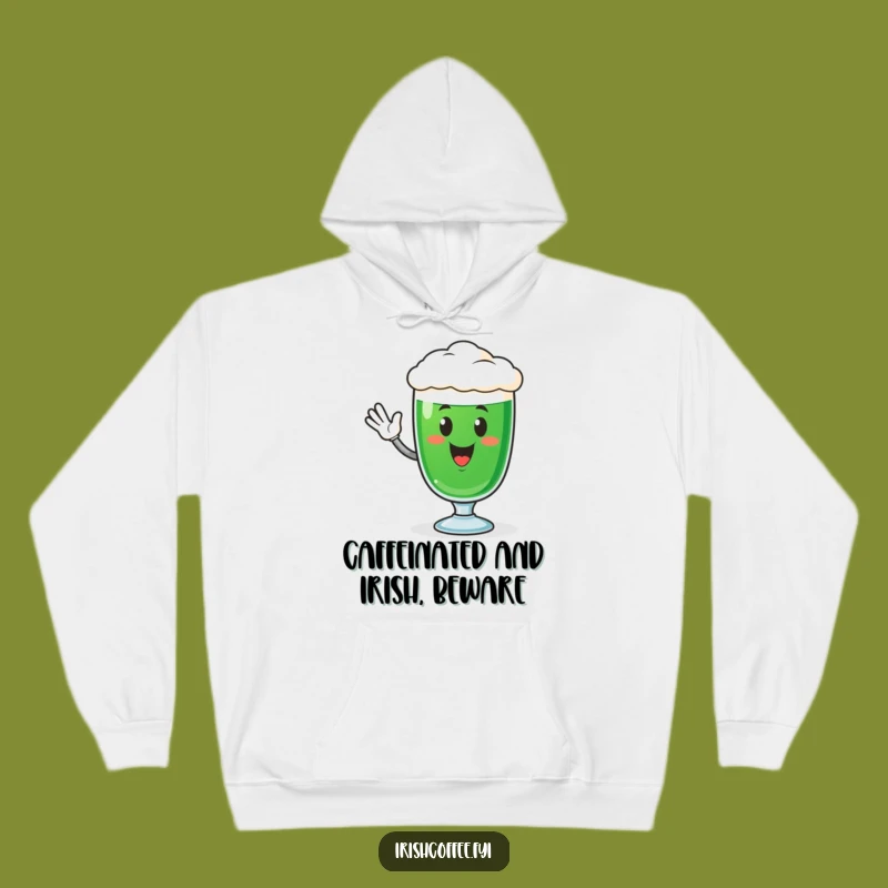Cozy Funny Irish Coffee Glass Hoodie - Cheerful Waving Character, Warm Gift
