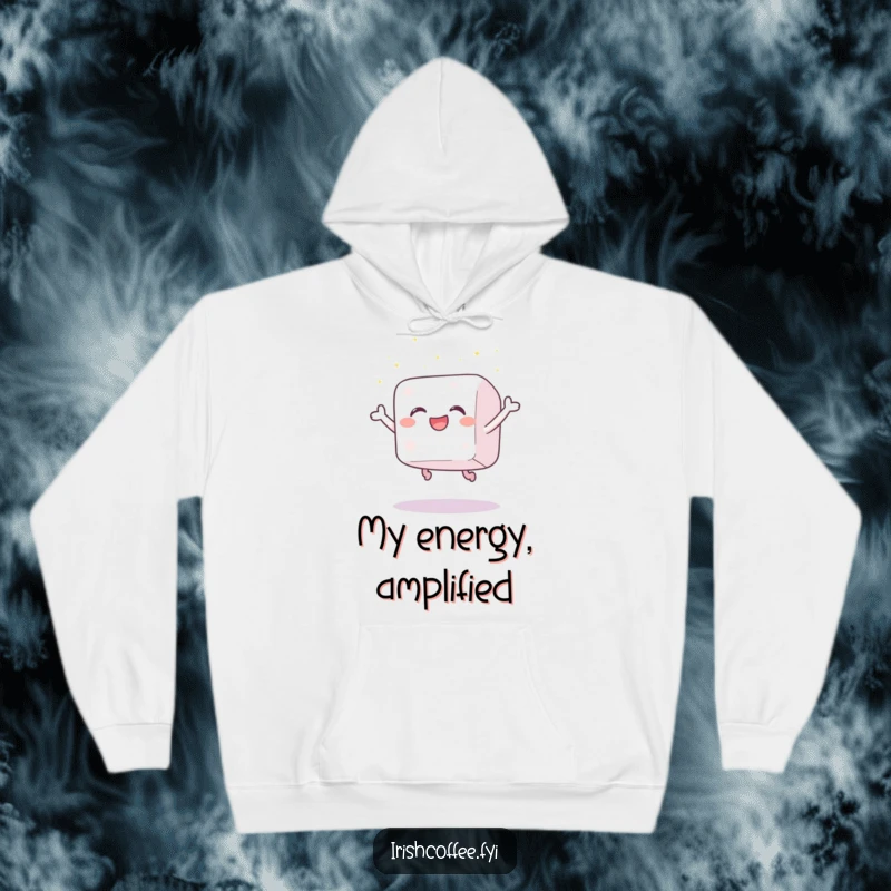Funny hoodie featuring a gleeful sugar cube leaping energetically with joy, scattering tiny sparkles, perfect for cozy, humorous wear.