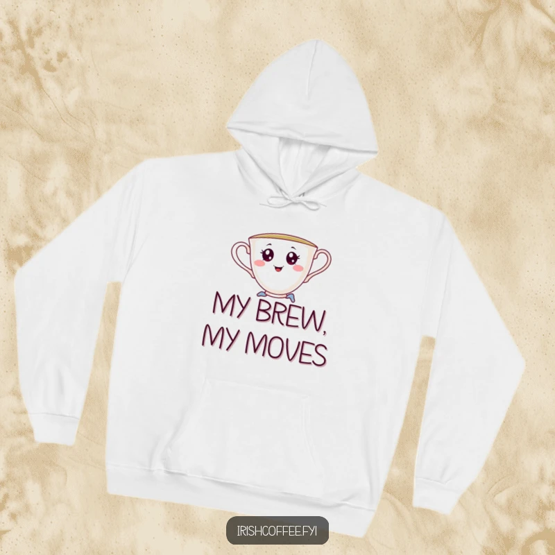 Funny hoodie featuring a cheerful teacup with saucy eyes, performing a graceful yet playful pirouette, offering comfort and humorous style.