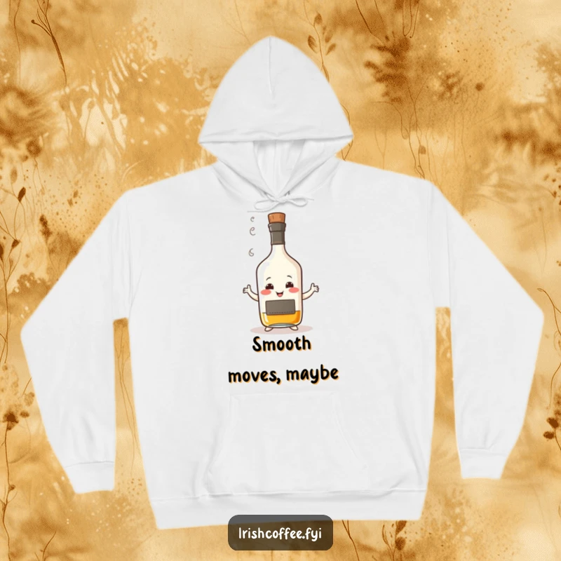 Funny hoodie featuring a smiling whisky bottle with a wisp of steam, humorously performing a wobbly dance, cozy and full of spirit.