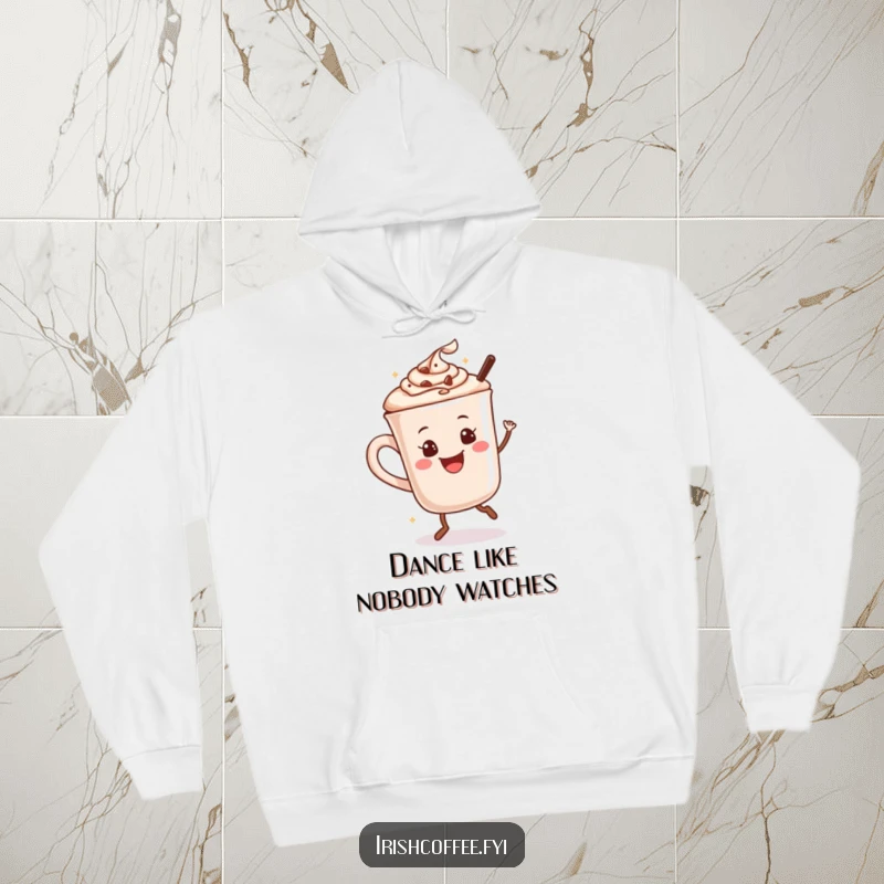 Funny hoodie with a smiling hot chocolate mug happily dancing, radiating warmth and joy.