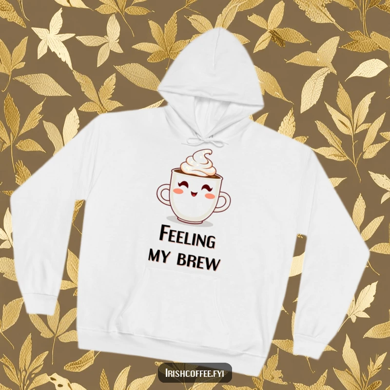 Funny hoodie featuring a steaming coffee cup character winking with cream, offering warmth and a playful caffeine boost.