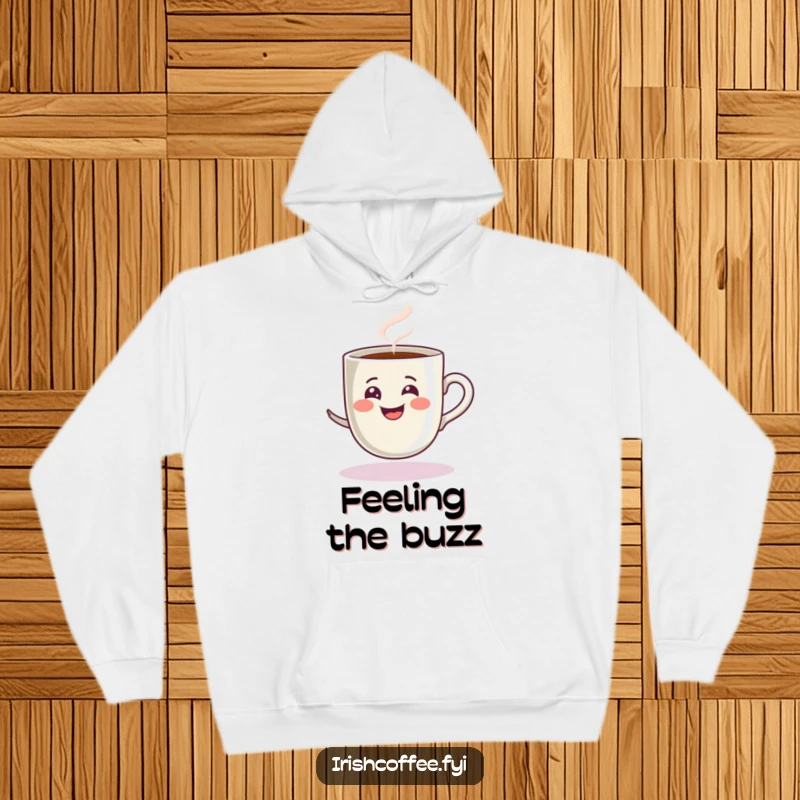 Funny hoodie featuring a delighted espresso cup with a steamy grin, playfully spinning, offering cozy warmth and coffee humor.