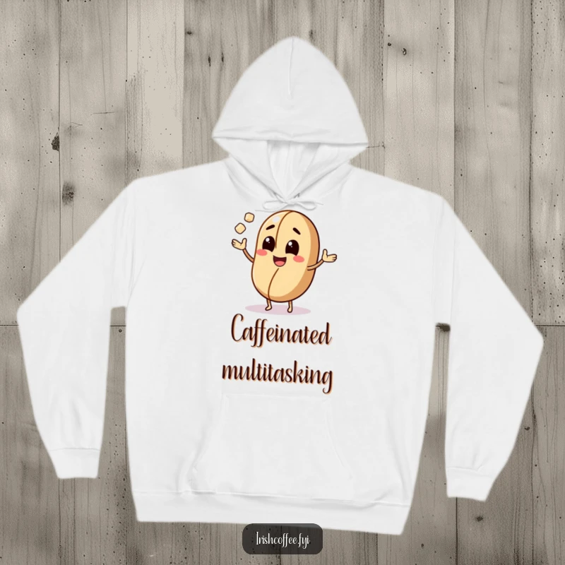 Funny hoodie featuring a cheerful coffee bean character juggling sugar cubes, offering warm comfort and caffeinated humor.