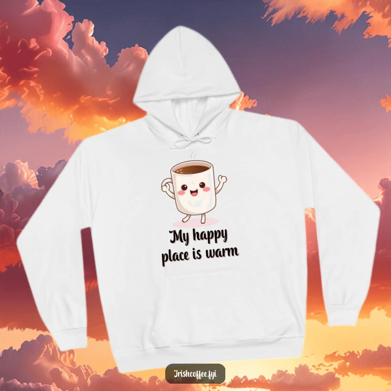 Funny hoodie featuring a cheerful coffee mug character doing a happy dance, offering warmth and a dose of playful energy.
