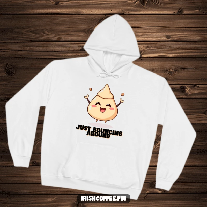 Funny hoodie with a coffee liquor dollop joyfully bouncing, radiating pure happiness and fun.