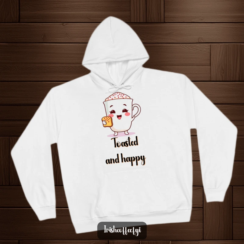 Funny coffee character hoodie cheerfully offering a toast with sprinkles, offering cozy comfort and a celebratory vibe.