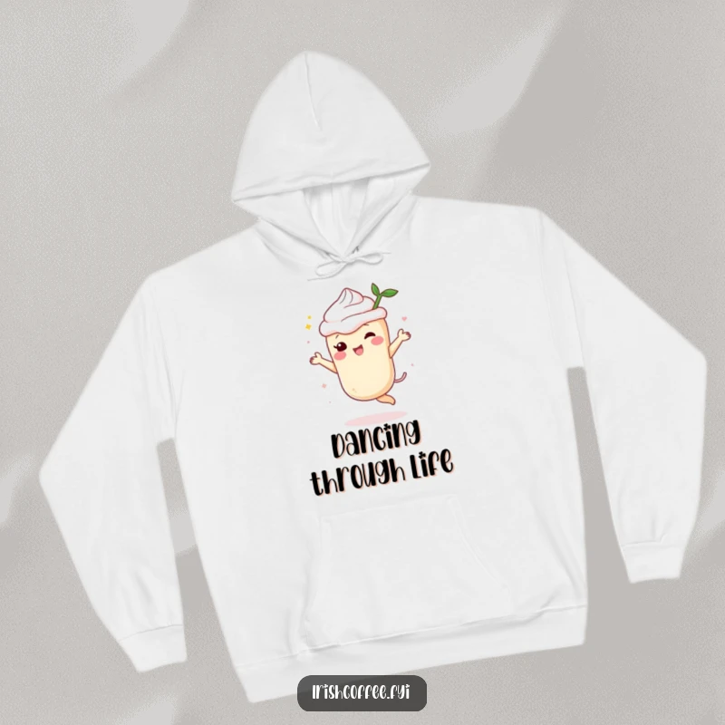 Funny cream liqueur hoodie featuring a delightful spirit character dancing with pure joy, perfect for cozy, celebratory moments.