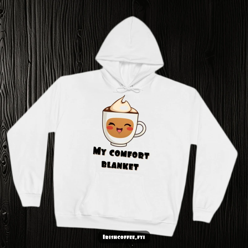 Funny hoodie design displaying a happy coffee cup character winking with a bright smile, radiating warmth and humor.