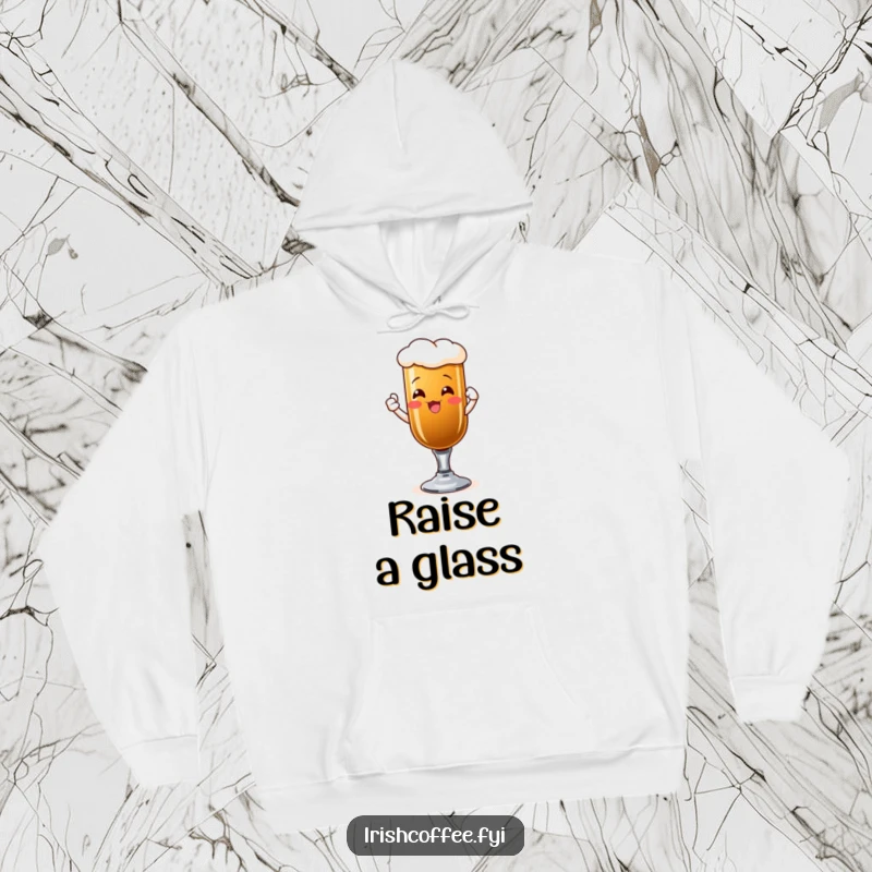 Funny hoodie with a beaming Irish coffee glass cheerfully raising a toast, perfect for celebrations.