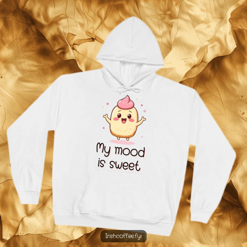 Funny hoodie depicting a cheerful pastry character in a playful bounce, its sugar dusting adding a touch of sweetness.