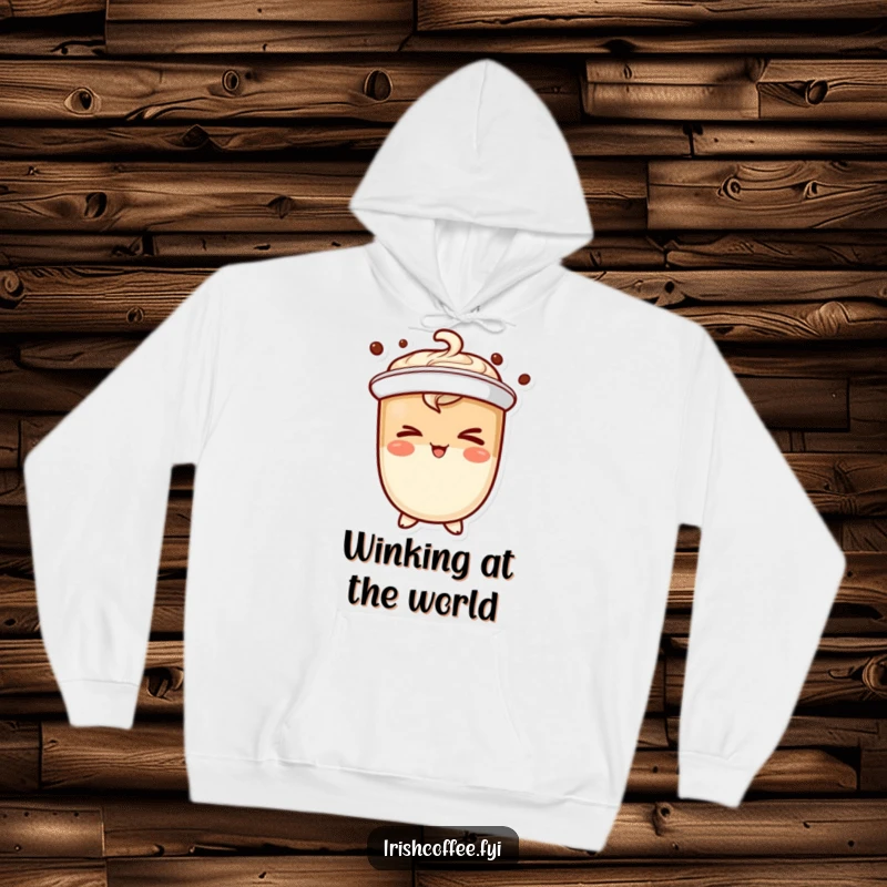 Funny coffee character hoodie winking mischievously, offering cozy comfort and a hint of playful mystery.