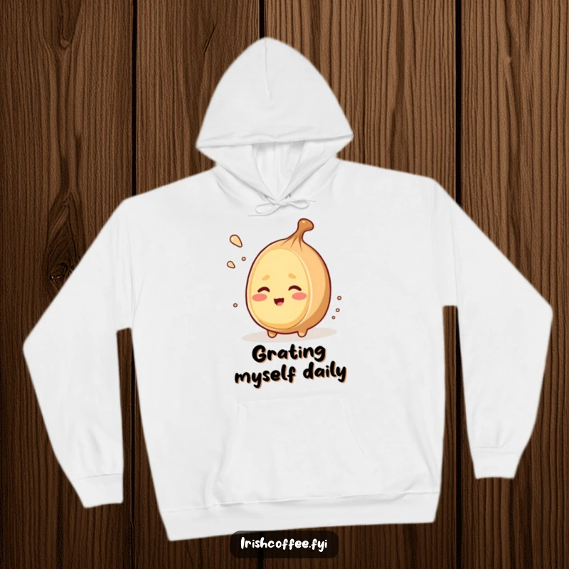 Funny hoodie with a winking nutmeg character grating itself, offering warmth and a touch of sassy humor.