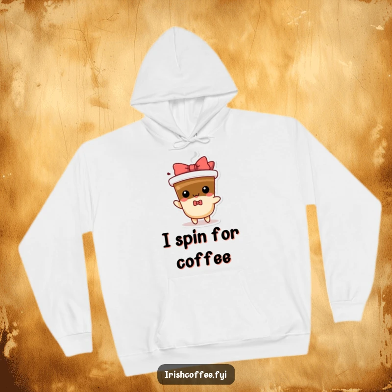 Funny spinning coffee hoodie with a playful character and bow, offering warmth and a dose of humorous caffeine-themed fun.