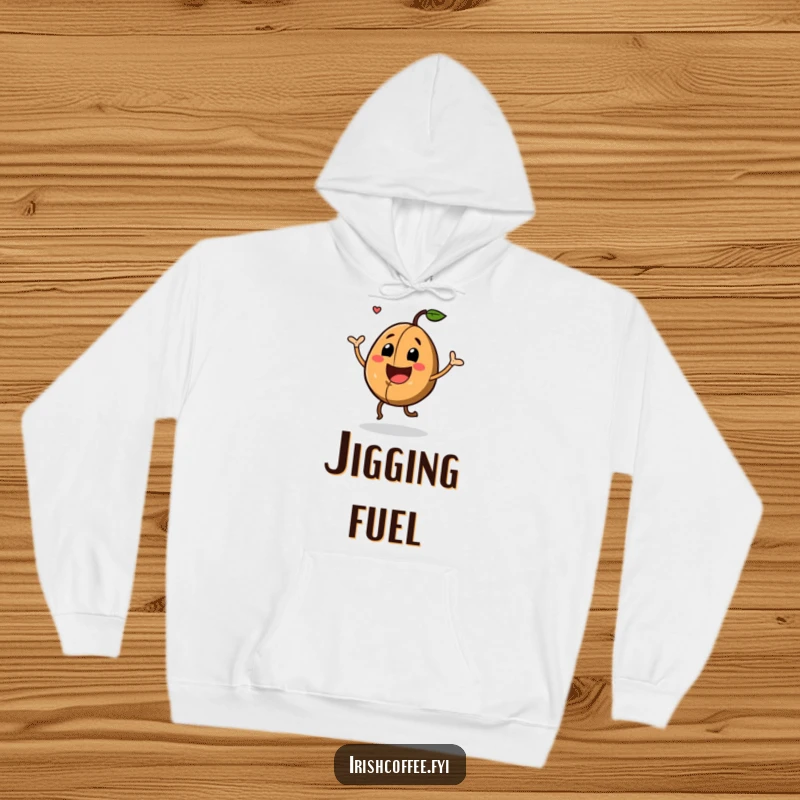 Funny Hoodie displaying a happy coffee bean enthusiastically performing a joyful jig, perfect for cozy, energetic moments.