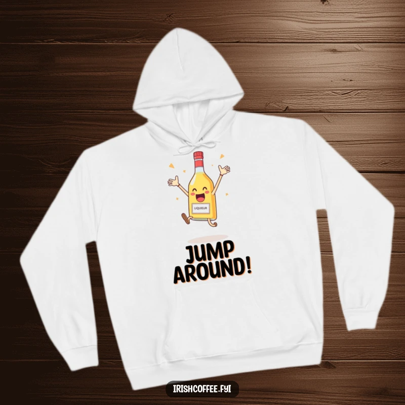 Funny hoodie featuring a delighted liqueur bottle doing a celebratory jump, perfect for staying warm and festive.